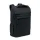 Sac à dos ordinateur personnalisable BOULDER noir en PU lisse avec poche avant zippée et poignée, vue de trois quarts