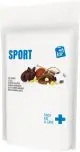 Kit premiers secours sport personnalisé en pochette papier blanche avec étiquette Sport et ballons, vue de face