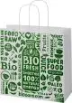 Sac kraft publicitaire blanc carré avec poignées torsadées et motif typographique imprimé en vert