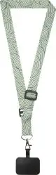 Lanyard téléphone recyclé LYRA en RPET imprimé d'un motif vert ondulé, avec boucle et attache noires