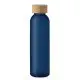 Bouteille en verre givré bleu marine 500 ml avec bouchon en bambou, vue de face sur fond blanc