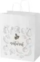 Sac shopping kraft blanc à poignées torsadées illustré de fruits et légumes gris autour d'un logo naturel