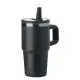 Mug isotherme personnalisé ALAND noir mat en inox recyclé avec anse, couvercle à paille et liseré métallisé
