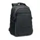 Sac à dos ordinateur publicitaire noir en RPET 600D avec trois compartiments zippés, sangles latérales et poche filet