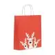Sac cadeau publicitaire Noël format moyen rouge corail avec trois rennes blancs stylisés, anses papier blanc, emballage personnalisable