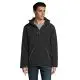 Parka personnalisée noire pour homme en softshell matelassé avec capuche, portée fermée avec un jean