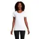 T-shirt femme col rond blanc made in France porté de face avec un pantalon noir, jersey de coton peigné