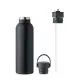 Gourde isotherme personnalisée noire 700 ml en inox recyclé avec bouchon vissé à anneau et bouchon paille amovible