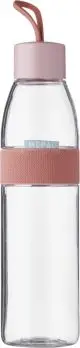 Gourde publicitaire Mepal Ellipse 700 ml transparente avec bouchon rose à boucle et bande élastique assortie