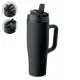 Gobelet isotherme personnalisé noir 900 ml en inox recyclé avec poignée, paille et détails du couvercle