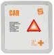 Kit de premiers secours voiture personnalisable MyKit, boîtier métallique gris, contenu de soins visible

