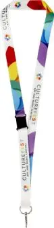 Tour de cou personnalisable en rPET blanc imprimé CultureFest, boucle noire et mousqueton métallique