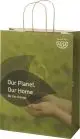 Grand sac papier publicitaire en déchets agricoles imprimé d'un visuel vert avec poignées torsadées