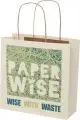 Sac papier personnalisé blanc cassé à poignées torsadées marron, imprimé d'un visuel vert à texture de paille