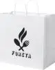 Sac kraft traiteur blanc à poignées torsadées et fond large, imprimé d'un logo noir de restaurant en façade