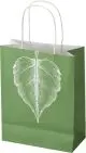 Sac kraft personnalisé 18 x 9 x 23 cm imprimé vert avec grande feuille blanche et anses torsadées blanches