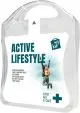 Kit de premiers secours publicitaire MyKit en boîtier transparent à poignée, visuel Active Lifestyle