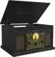 Tourne-disque personnalisé Prixton Century noir au style rétro avec grilles boisées et panneau de commande doré