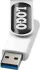 Clé USB personnalisée Rotate blanche avec logo noir en doming sur l'étrier argenté, connecteur USB 3.0 bleu