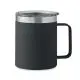 Mug isotherme personnalisé noir mat en inox recyclé avec couvercle transparent et anse assortie