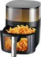 Friteuse à air personnalisée Prixton Cook Organics noire avec tiroir à hublot ouvert garni de frites dorées