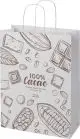 Grand sac papier kraft blanc personnalisé avec poignées torsadées et illustration cacao imprimée en brun
