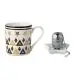 Tasse en céramique personnalisable UNIQUE à motifs dorés et noirs avec infuseur boule posé sur soucoupe étoile