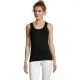 Débardeur femme publicitaire noir en jersey de coton semi-peigné porté de face avec un pantalon blanc