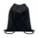 Sac à dos ficelle personnalisé noir en RPET 300D avec cordelettes noires et poche latérale zippée, vue de face