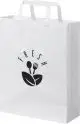 Sac kraft poignées plates personnalisé en version blanche, imprimé d'un logo noir à feuille et couverts