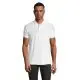 Polo homme publicitaire blanc en coton peigné porté de face avec patte 2 boutons et finitions en sergé gris
