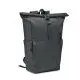 Sac à dos rolltop noir en RPET 300D avec fermeture enroulable à boucle et grande poche frontale zippée, vue de face