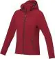 Veste softshell femme personnalisée Langley rouge cintrée à capuche, fermeture zippée noire, vue de trois quarts