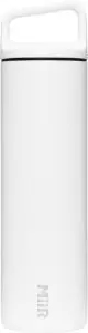 Bouteille isotherme personnalisable MiiR Widemouth blanc mat en inox avec bouchon à poignée et logo MiiR vertical