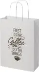 Sac kraft personnalisé blanc à poignées torsadées blanches, imprimé en noir d’un slogan sur le café
