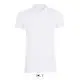 Polo femme personnalisé blanc en piqué coton stretch, coupe cintrée et patte à cinq boutons, vue de face à plat