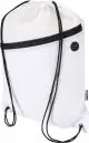 Sac à cordon personnalisé blanc en RPET avec cordons noirs, poche avant zippée et sortie ronde pour écouteurs