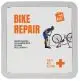 Kit réparation vélo MyKit en boîte métal carrée, couvercle blanc illustré d'un cycliste et titre orange Bike Repair
