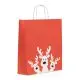Grand sac cadeau personnalisable rouge avec trois rennes blancs, poignées en papier torsadé, format 32x12x40 cm, papier recyclé écologique pour présents de Noël