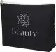 Trousse de maquillage personnalisée Arlo en RPET noir sublimée d'un logo floral blanc Beauty, zip blanc