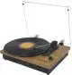 Tourne-disque Bluetooth Prixton Studio effet bois publicitaire avec capot transparent relevé et vinyle sur la platine