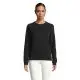 Sweat femme personnalisé NELSON noir à col rond porté avec un pantalon blanc, manches raglan et bas en bord côte