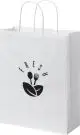 Sac kraft personnalisé 25 x 11 x 32 cm en version blanche à poignées torsadées, logo noir en façade