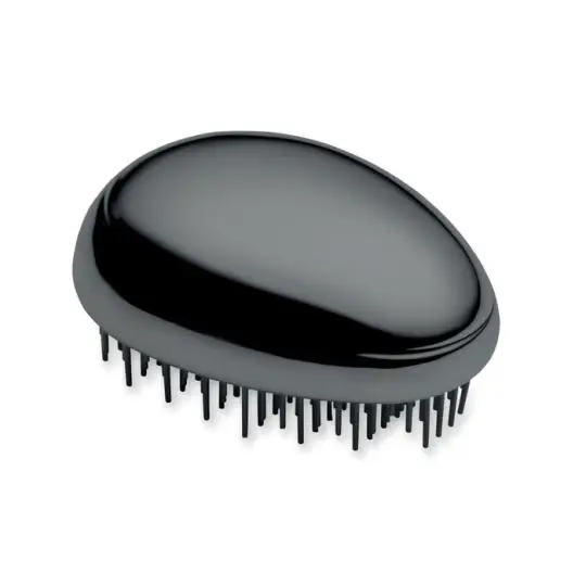 Brosse à cheveux personnalisée BRUSH noire à finition miroir en forme de galet avec picots démêlants