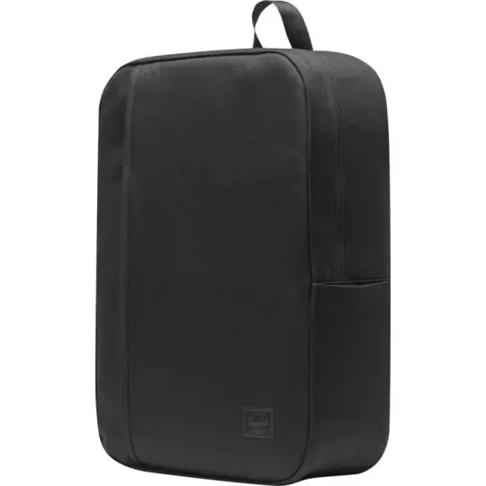 Sac à dos ordinateur Herschel Wesbrook noir en polyester recyclé, poignée haute et poche latérale, vue de trois quarts