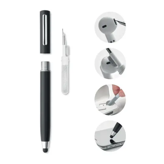 Stylo stylet personnalisé noir ouvert sur son kit de nettoyage pour écouteurs sans fil avec pointe et brosse