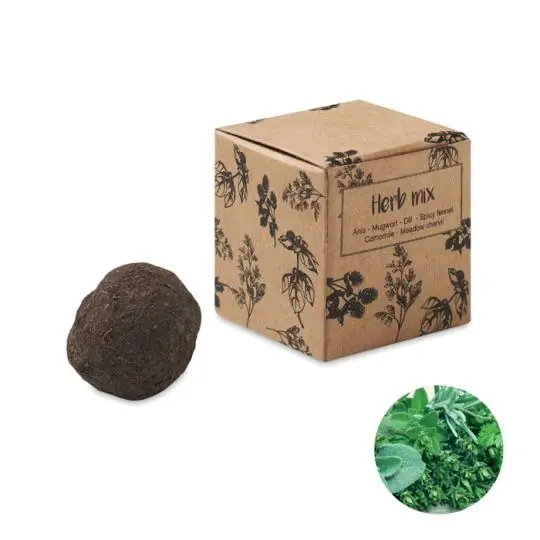 Bombe à graines personnalisée en boule de terre avec sa boîte cube en carton kraft illustrée d'herbes aromatiques