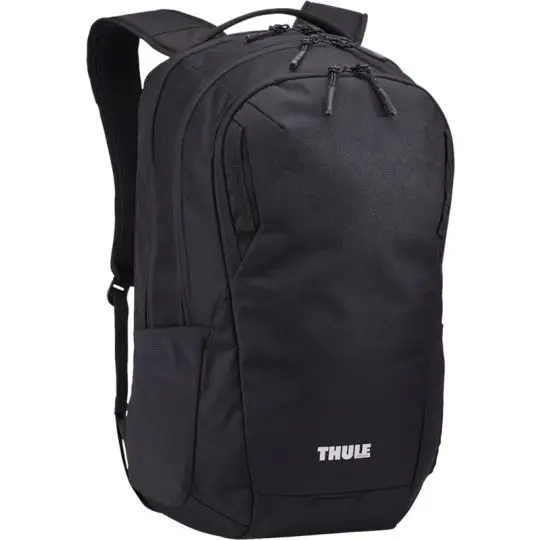 Sac à dos ordinateur Thule Lumion noir personnalisable vu de trois quarts avec poche avant zippée et poche latérale