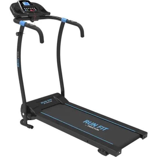 Tapis de course pliable Prixton RF100 noir et bleu personnalisé avec console écran LED et barres latérales