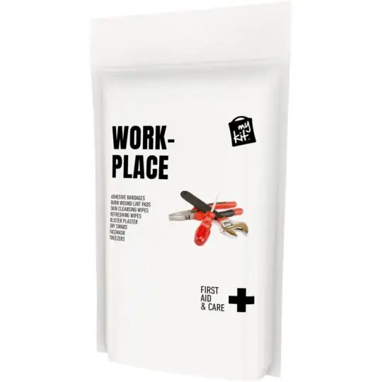 Pochette papier blanche de la trousse de secours personnalisée MyKit imprimée Work-place avec outils à manches rouges
